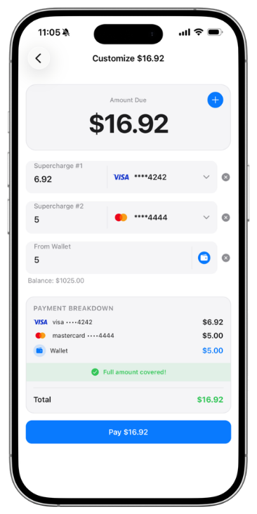 Pay each installment with cards, wallet, or both.